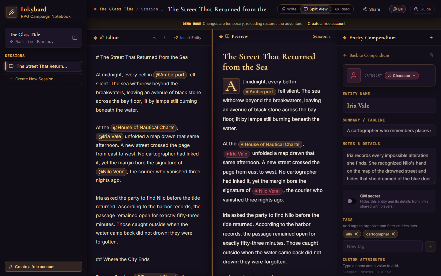 An Inkybard entity profile with notes, tags, custom attributes, mentions, and relationships