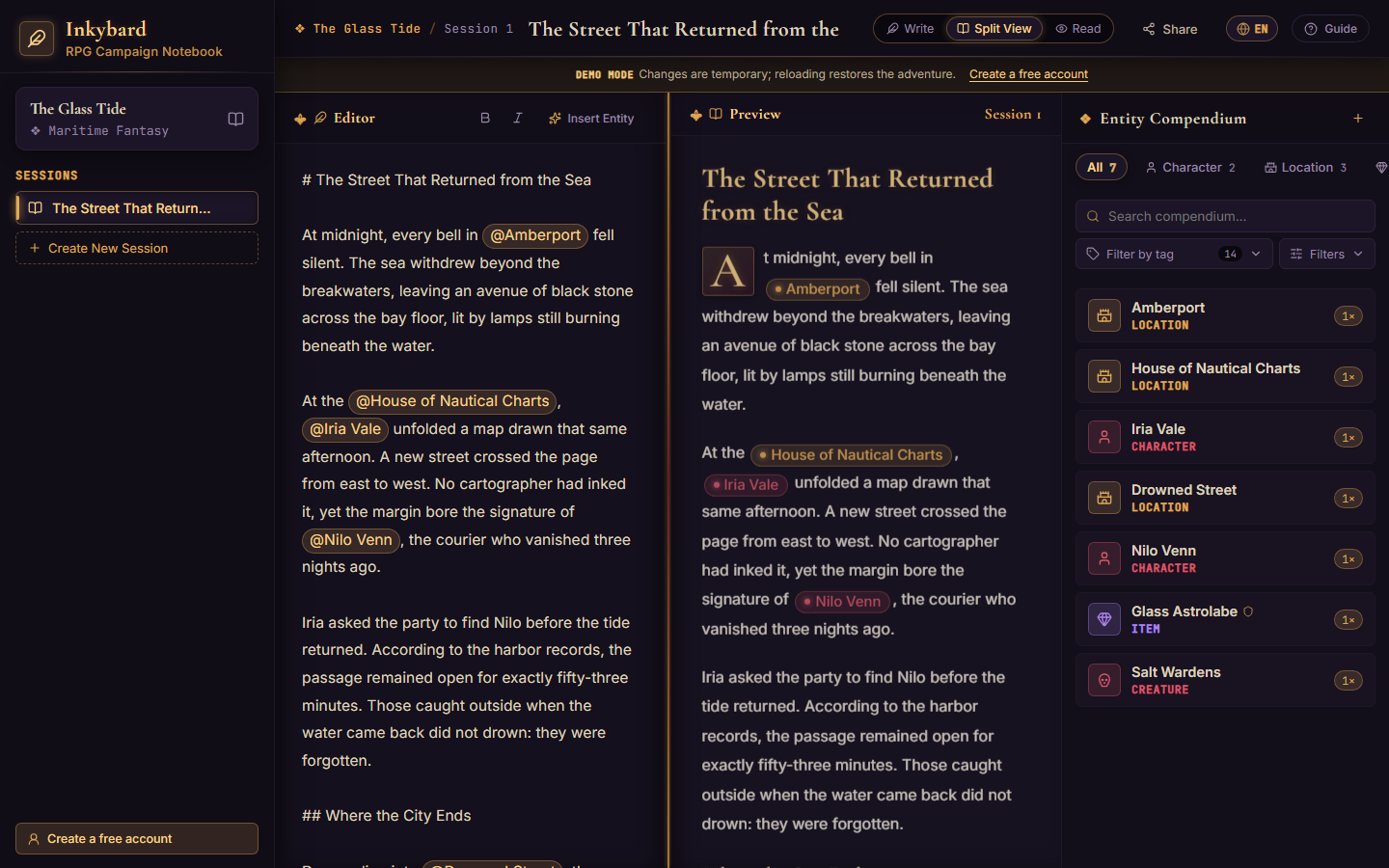 The Inkybard workspace showing an RPG session editor, reading view, and connected entity compendium